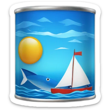 Realistic small can of tuna showing a blue sailling boat on a sea background sticker