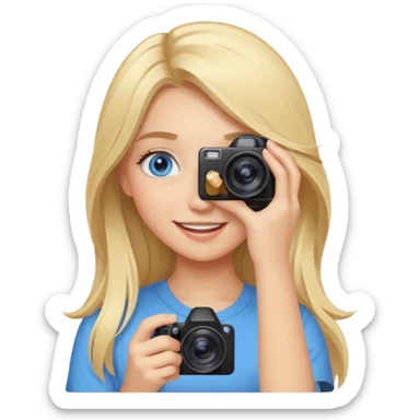  blue eyes blonde girl photographer cartoon taking picture in middle of taking picture camera in front of face long hair smiling funny flash professiona sticker