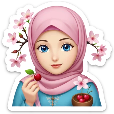 Turkish beautiful finish Konya girl blue eyes with hijab islamic dress and had on her hand cherry blossom sticker