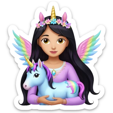 Earthreal sparkly angelic mystical magical shiny pretty Fairy. Dark Brown eyes. Caramel skin. Long black hair. White, hot pink and light blue and lavender and light green and light yellow fairy wings. pet unicorn alongside   sticker