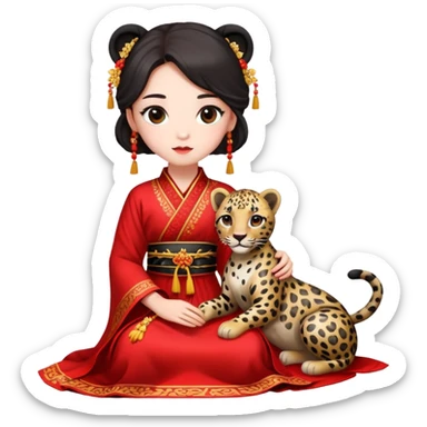 A beautiful girl in red Hanfu wedding dress sits on the ground holding a black leopard sticker
