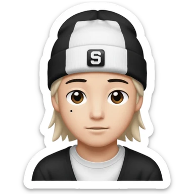 luca wearing a white beanie with a black square logo that says "Steven" on it
 sticker