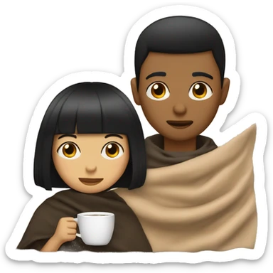 LIGHT BROWN SKIN BOY, with SHORT STRAIGHT BLACK HAIR and a TAN SKIN GIRL, with BLACK HAIR and BANGS, inside a blanket sipping coffee sticker