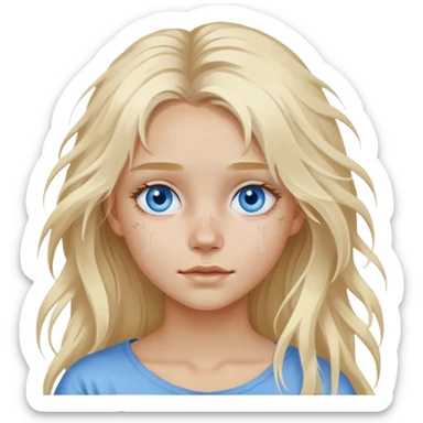 Girl with white paint on face with long blond messy air, blue eyes sticker