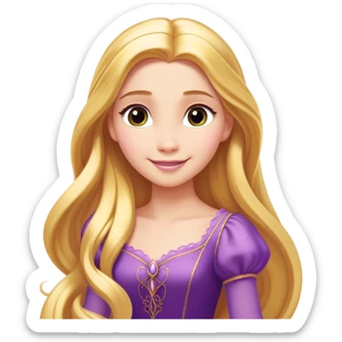 Cinematic Radiant Rapunzel Portrait Emoji, rendered in a flat vector style with clean proportions. Show Rapunzel with a gentle smile, fair, glowing skin, and her iconic long golden hair cascading softly, wearing a simple, elegant purple dress. The image radiates a warm, enchanting glow, high shine, and is accentuated by a soft glowing outline. sticker