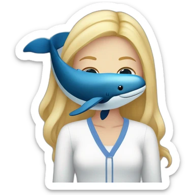 A whale as a staffed animal with a blonde girl with blue eyes and blond hair sticker