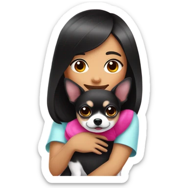 Thick medium black hair with hot pink smile and pink cheek Filipino lady hugging black and white Chihuahua  sticker
