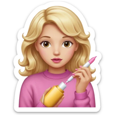 A long curled blonde haired girl with a pink sweater and holding a lip gloss sticker
