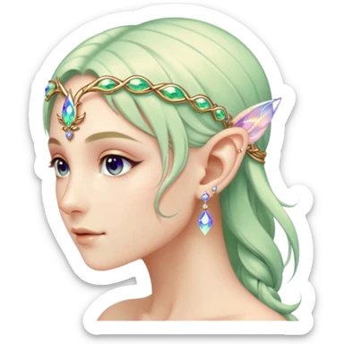 portrait of Elvish fae shiny sparkly iridescent translucent diaphanous ear climber ear cuff sticker