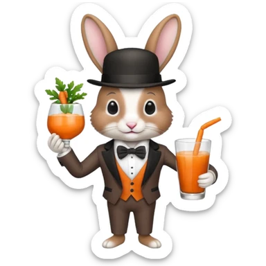 rabbit wearing suit, bowtie and top hat, holding glass of carrot juice sticker