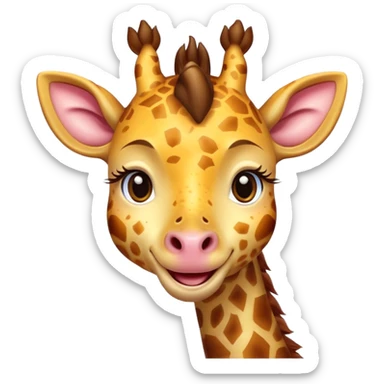 An adorable cartoon giraffe face with one eye slightly closed in a wink, a big cheerful smile, and a tiny raised hoof waving hello. Rosy cheeks, sparkles in the eyes, and a warm yellow-brown palette. The expression should feel inviting, like a happy 'Hi chat!' Perfect for greetings sticker