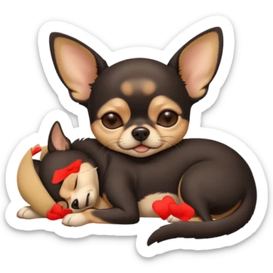 A high-resolution photo-realistic digital illustration of a cute  black and tan chihuahua with eyes closed shut sleeping lazily on the ground sticker