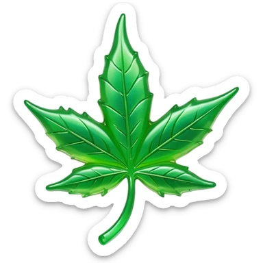 glossy green gusher gummy in the shape of a weed leaf with a bite taken out and liquid center visible sticker