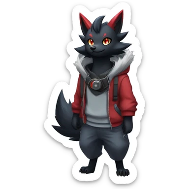 Cool Edgy Zorua-Zoroark-Mightyena with a collar and hoodie-sweater and harness on, full body sticker