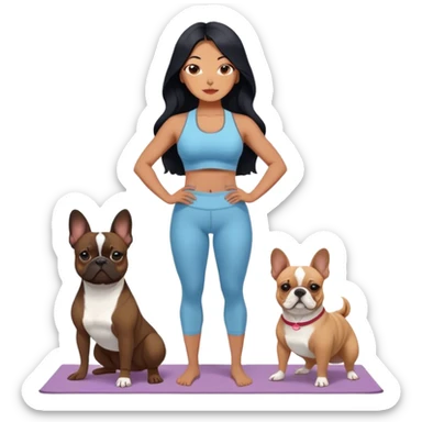 latin woman in a yoga outfit with long black hair standing alongside two French bulldogs  sticker