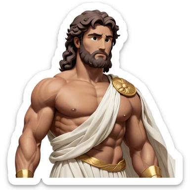 Cinematic Realistic Hercules Portrait, depicted as a classical Greek statue with a robust, muscular build and perfectly chiseled features. His bronze, sun-kissed skin has a timeless, marble-like quality, and his thick, wavy dark hair frames a face exuding determination and quiet nobility. Draped in a flowing white robe with subtle golden accents, the portrait is rendered under dynamic natural lighting that highlights every sculpted detail and evokes the majesty of ancient myth. sticker
