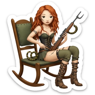 solarpunk ultra HD skinny Tori Amos casually crouches on a rocking chair in a torn corset, holding a lintlock rifle and with muddy feet. a bronze snake wrapped itself around the chair sticker