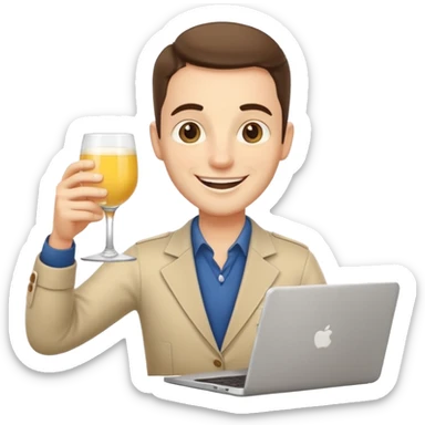 A friendly freelance character (male or neutral) working on a laptop while holding a glass of pastis/ricard (yellow drink with ice and lemon). The character should have a simple smiling face (no glasses), and should look energetic and creative. sticker