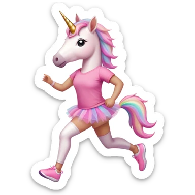anthropomorphised female unicorn in tutu and pink t-shirt jogging upright relaxed pose sticker