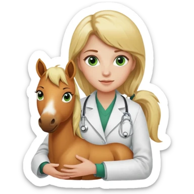 A young woman with green eyes and blonde hair, a veterinarian, with a caramel-colored pony in her lap. sticker