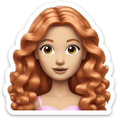 Caucasian Barbie princess with brown eyes and big long wavy red hair sticker