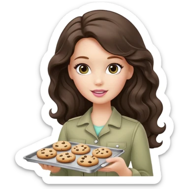 A white Barbie girl with long dark brown wave hair in a pale olive clothes holds a Baking tray with cookies sticker