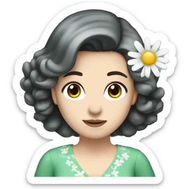  I need to have a woman emoji, dark hair and eyes, pale skin. Wearing a V-LINE dress in green/blue with daisies.  sticker