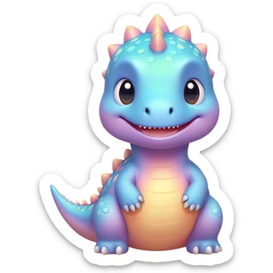 Cinematic tiny pastel dinosaur, chubby round body, tiny feet, big sparkling eyes, soft glowing colors, happy and friendly expression, radiating warmth. sticker