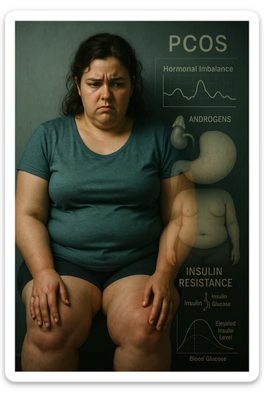 cinematic realistic in italiano Woman with PCOS struggling with hormonal chaos, transparent overlay showing elevated androgens and insulin resistance affecting her body, lipedema causing disproportionate fat accumulation in legs and arms despite normal torso, expression of frustration with unexplained weight gain, medical charts showing complex endocrine dysfunction, painful swollen limbs contrasting with metabolic confusion scrivi in italiano sticker