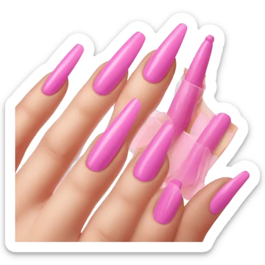 long acrylic fingernails pink nail polish, palm of hand, fingers folder over showing nails sticker