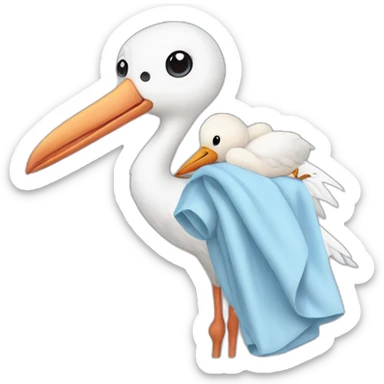  white stork carrying a light blue bundle of cloth in its beak that has a human baby with dark hair and the baby face is peeking out from the cloths bundle the strok is carrying with its beak sticker