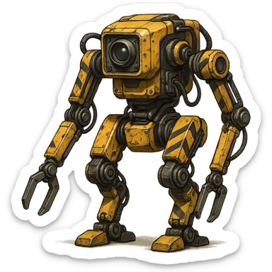 worker drone, industrial robot, yellow and black hazard stripes, mechanical arms, utilitarian design sticker