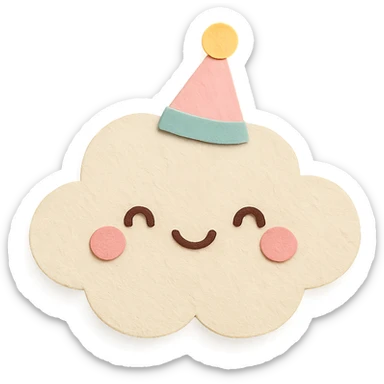 kawaii cute cloud, wearing tiny party hat, smiling, soft pastel colors, no limbs, full body, paper craft style sticker
