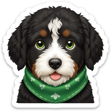 black Berenedoodle dog with a green bandana around its neck sticker