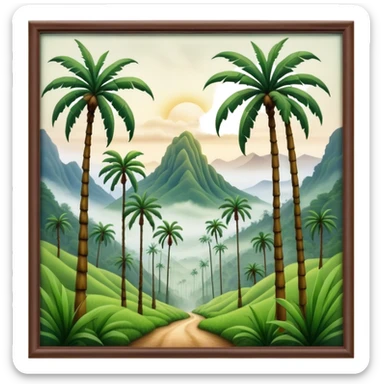 Cinematic Realistic Cocora Valley Landscape Emoji, depicted with towering wax palm trees in a lush, misty valley rendered with rich textures and dynamic, natural lighting. sticker