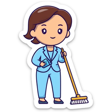 light-skinned woman in a light blue suit cleaning sticker