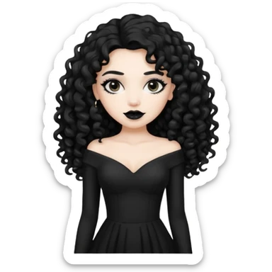 long black curly hair with white skin black dress and black lipstick sticker