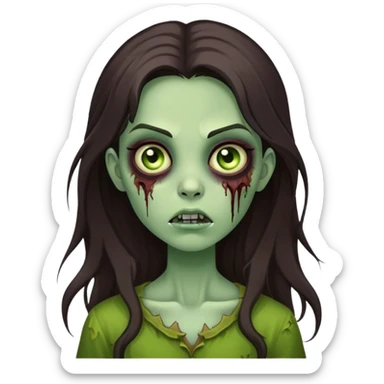 girl zombie with a long dark brown hair, sidebangs and green skin sticker