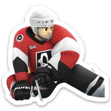 A wolf hockey player lies on the ice in a red white and black uniform A wolf hockey player lies on the ice in a red white and black uniform sticker