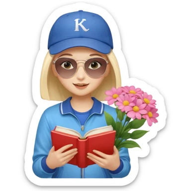 ["A happy girl with light skin, bald, wearing a baseball cap and sunglasses, dressed in K-pop fashion, is reading a book while holding a flower bouquet."] sticker