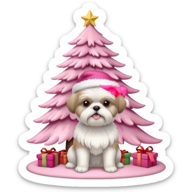 one little white all over shih tzu dog with pink santa hat with short hair sitting next to pink christmas tree sticker