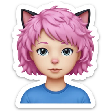 a Black cat wearing a short curly pink hair wig, blue T-shirt sticker