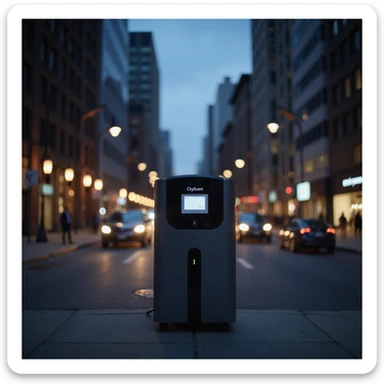 realistic evening cityscape with the CityScent air freshener machine standing alone in the center, illuminated by ambient city lights, modern urban environment, no people, focus on the machine sticker