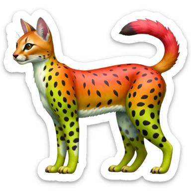 Colorful tropical exotic fruity kiwi-green lemony rosy neon-red Caracal-Cheetah-Serval-Snow-Leopard-Trico-Sergal-Vernid-fusion-hybrid-animal-creature, full body sticker