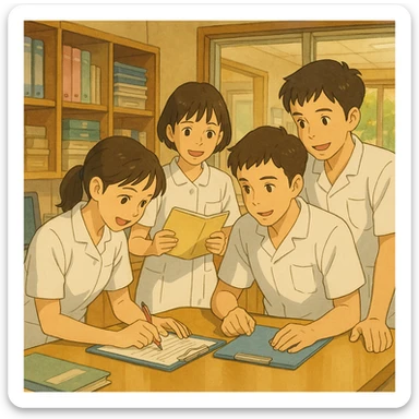 scène d'équipe de quatre étudiants infirmiers, inspirés des photos, travaillant ensemble dans un poste de soin, style Ghibli, uniformes blancs, manches courtes, col en V, poche poitrine à gauche, pas de col classique, ni stéthoscopes, ni tissus sous les manches, interaction et collaboration visibles sticker