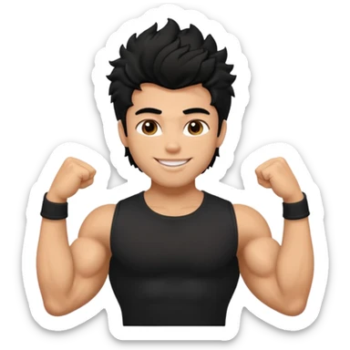 a pretty bratz guy with black hair with big muscles and shaggy hair in a tight black tee smiling sticker