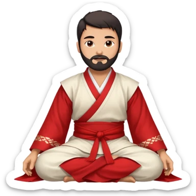 Beautiful man with lightly tan skin and dark beard in white and red Hanfu sitting on the ground sticker
