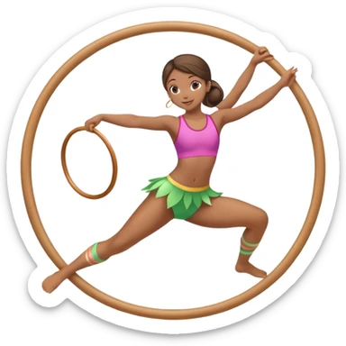 An energetic gymnast performing aerobics with a hula hoop. The gymnast is spinning the hoop around their waist in an elegant pose. The background is a lively fitness studio with colorful lights and an active atmosphere, showcasing movement and grace. sticker