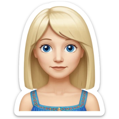 50 yr old white woman, hippie parted very long hair, short bangs, very long straight blond hair, oval face, small smile, blue eyes, thin face, hair downback, hair parted at center of head, round cheeks, pale, longer hair, white evening dress sticker