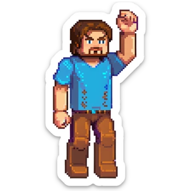 Jack Black as Minecraft Steve in mining pose with arm raised, blocky character with brown hair, blue shirt, and purple pants sticker